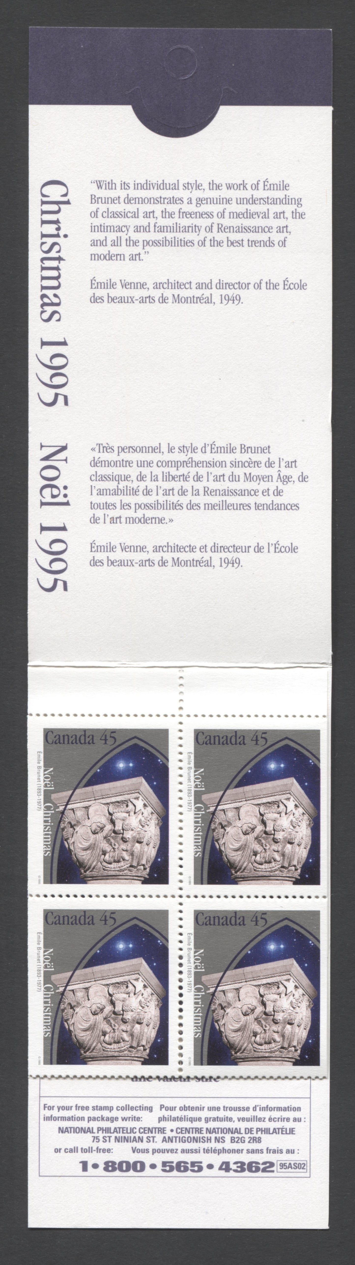 Canada #BK187a-b 1995 Christmas Issue, Complete $4.50 Booklet, Coated Papers Paper, Dead Paper, 4 mm GT-4 Tagging