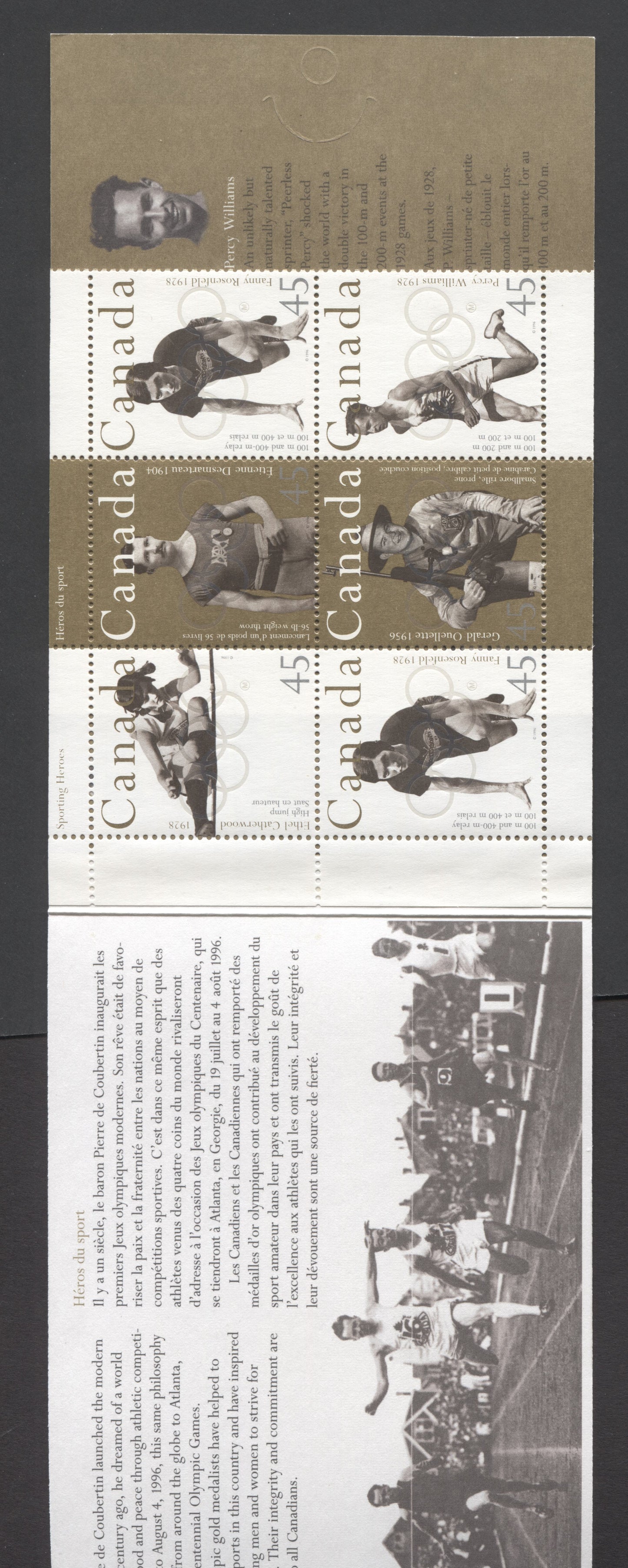 Canada #BK192a-b 1996 Olympic Gold Medallists Issue, Complete $4.50 Booklet, Coated Papers Paper, Dead Paper, All Over Tagging