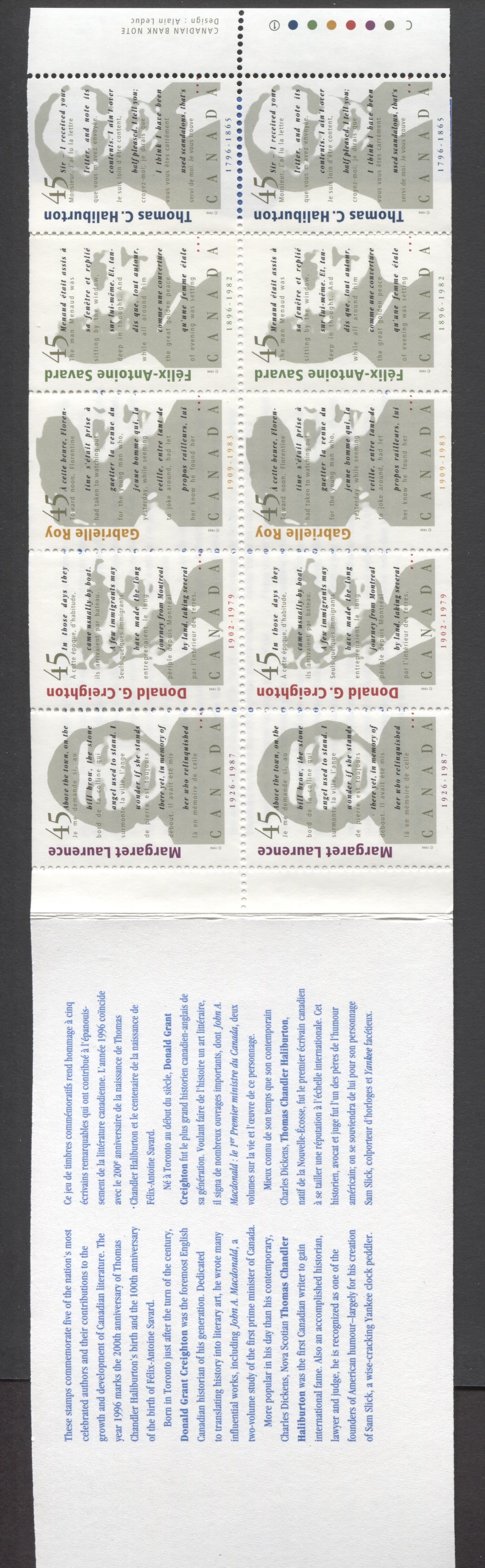 Canada #BK195a-b (SG #SB209) 1996 Canadian Authors Issue, Complete $4.5  Booklet, Front Cover