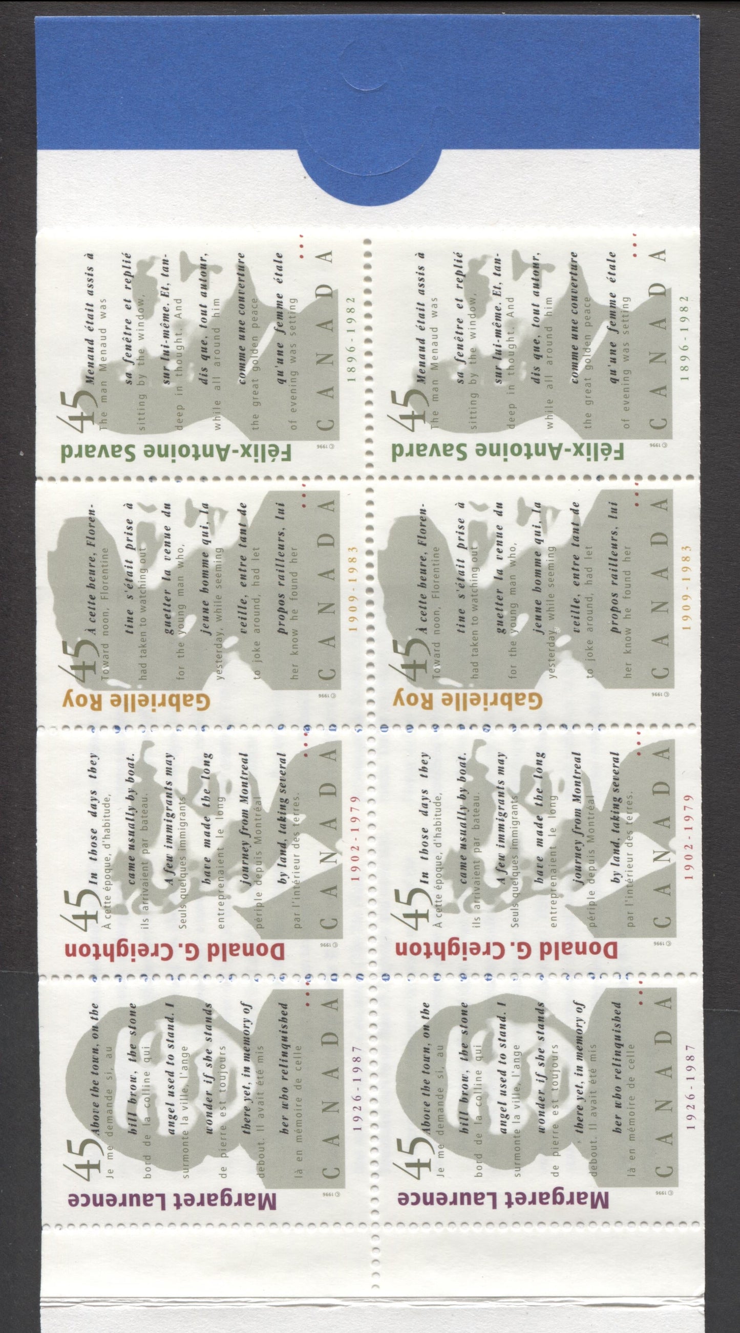 Canada #BK195a-b (SG #SB209) 1996 Canadian Authors Issue, Complete $4.5  Booklet, Front Cover