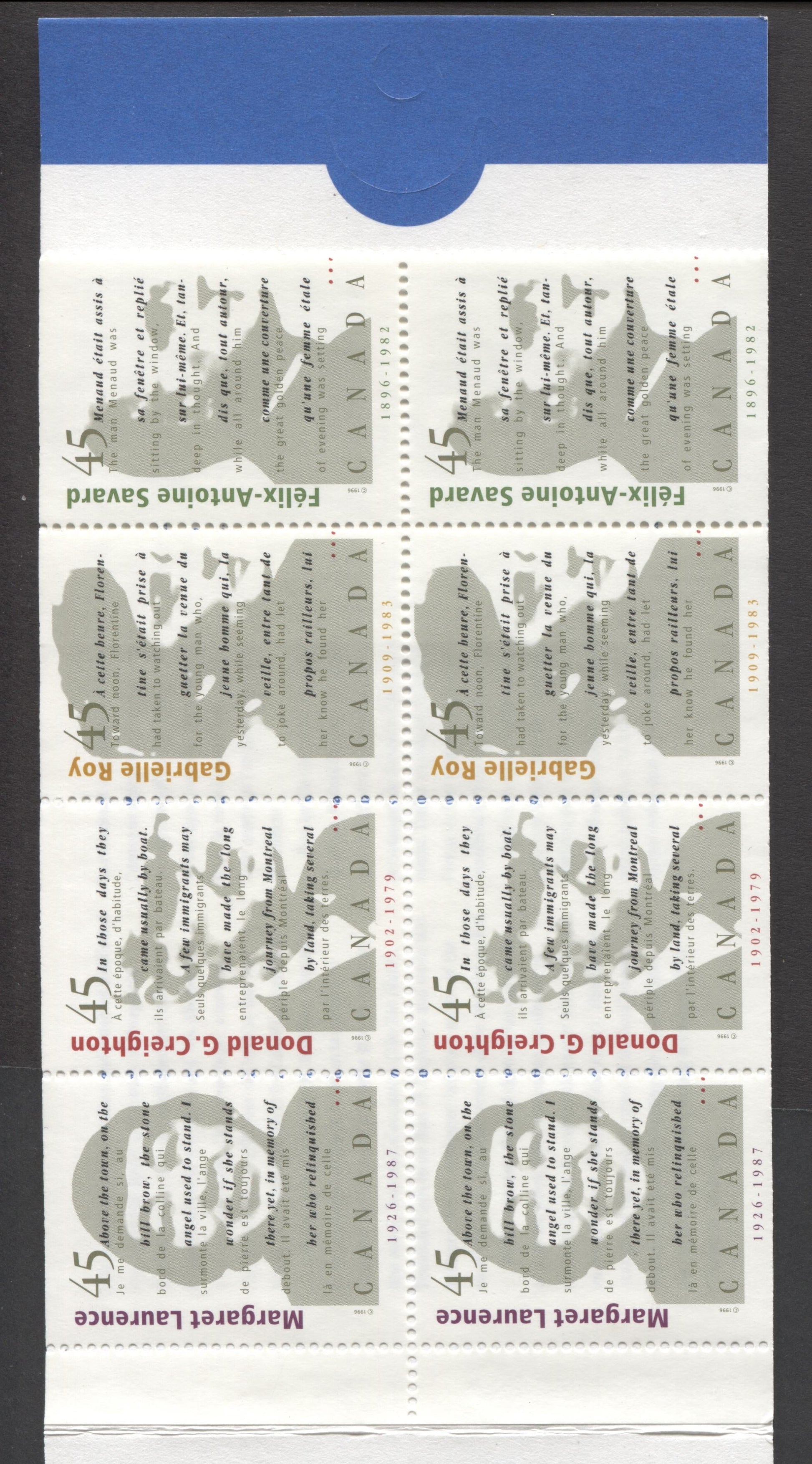 Canada #BK195a-b (SG #SB209) 1996 Canadian Authors Issue, Complete $4.5  Booklet, Front Cover