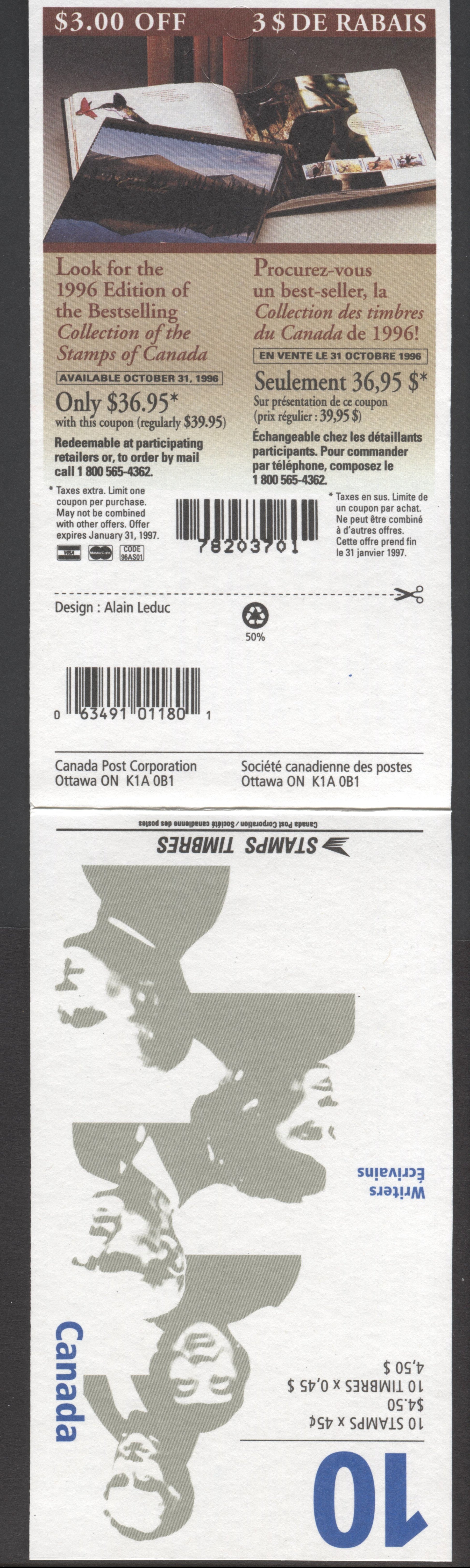 Canada #BK195a-b (SG #SB209) 1996 Canadian Authors Issue, Complete $4.5  Booklet, Front Cover