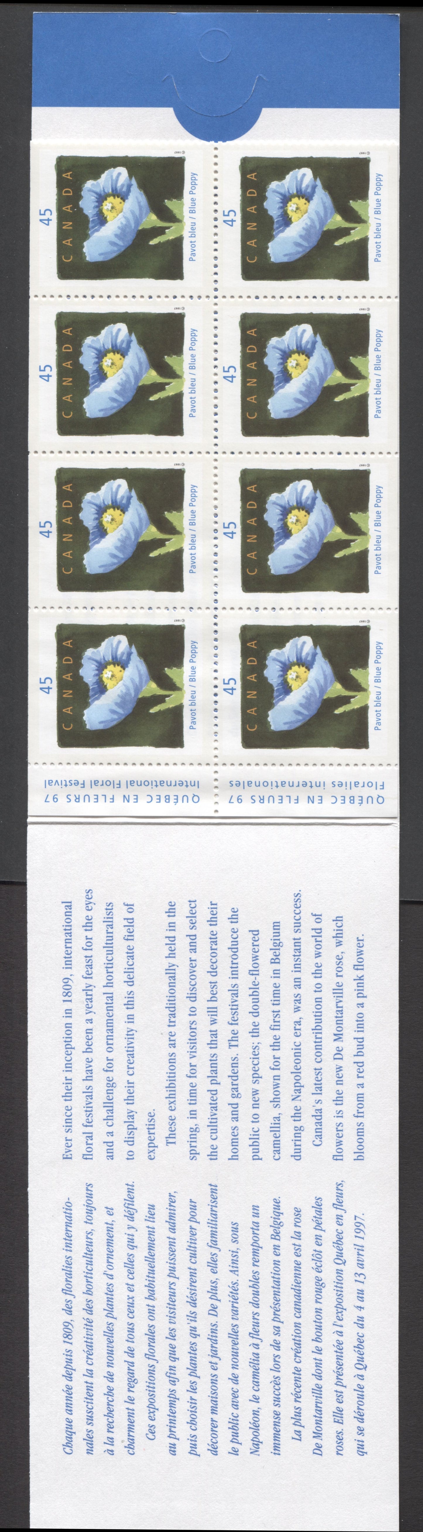 Canada #BK199a-b 1997 Quebec En Fluers 97 Issue, Complete $5.40  Booklet, Peterborough Paper, 4 mm GT-4 Tagging