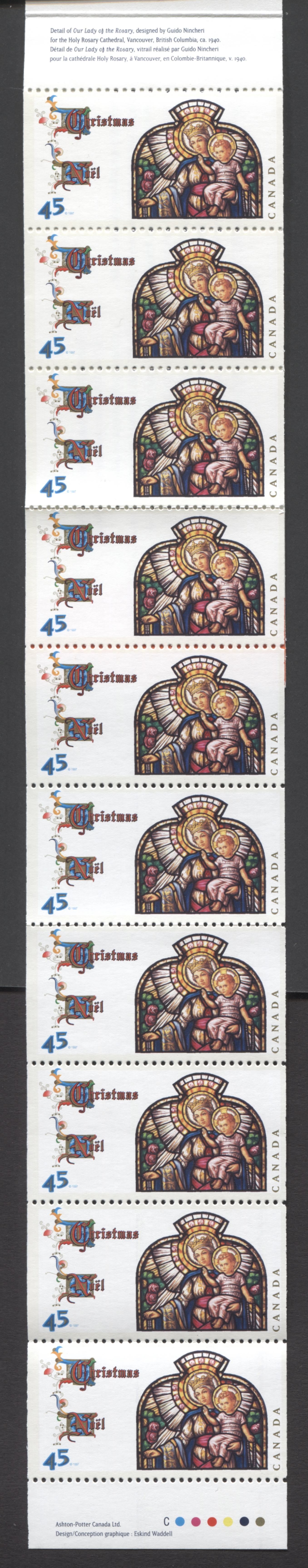 Canada #BK202a-b 1997 Christmas Issue, Complete $4.50 Booklet, Coated Papers Paper, Dead Paper, 4 mm GT-4 Tagging