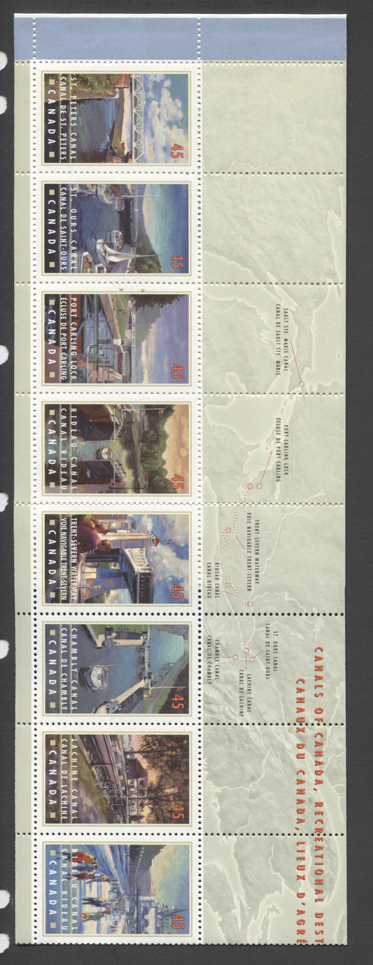 Canada #BK208a-b 1998 Canals Issue, Complete $4.50 Booklet, Tullis Russell Coatings Paper, Dead Paper, 4 mm GT-4 Tagging
