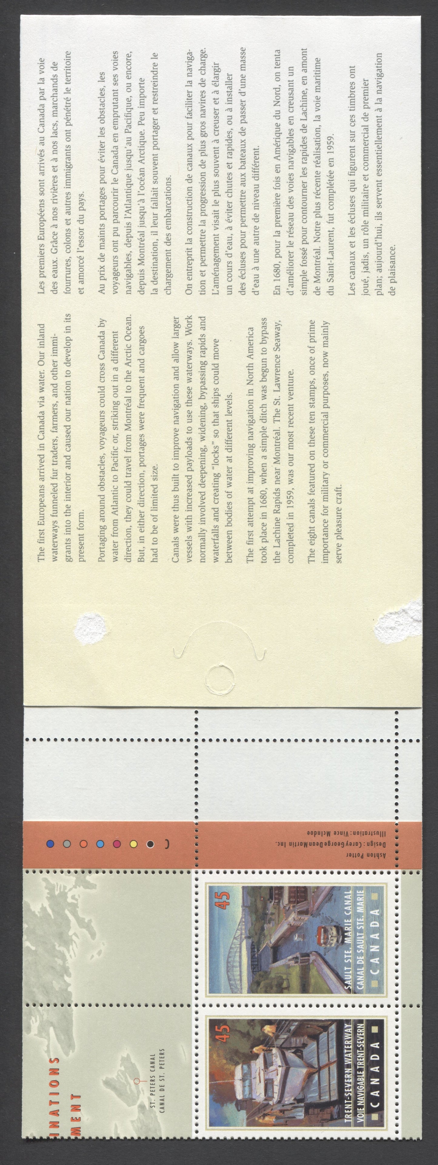 Canada #BK208a-b 1998 Canals Issue, Complete $4.50 Booklet, Tullis Russell Coatings Paper, Dead Paper, 4 mm GT-4 Tagging