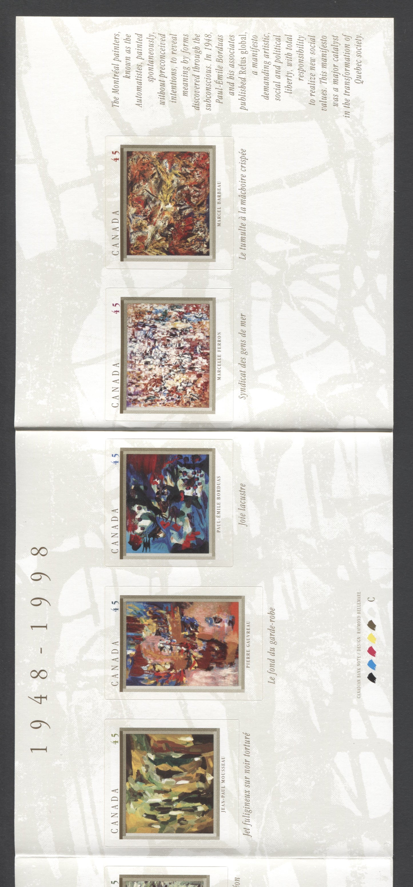 Canada #BK209a 1998 The Automatistes Issue, Complete $3.15 Booklet, Tullis Russell Coatings Paper, Dead Paper, 4 mm GT-4 Tagging
