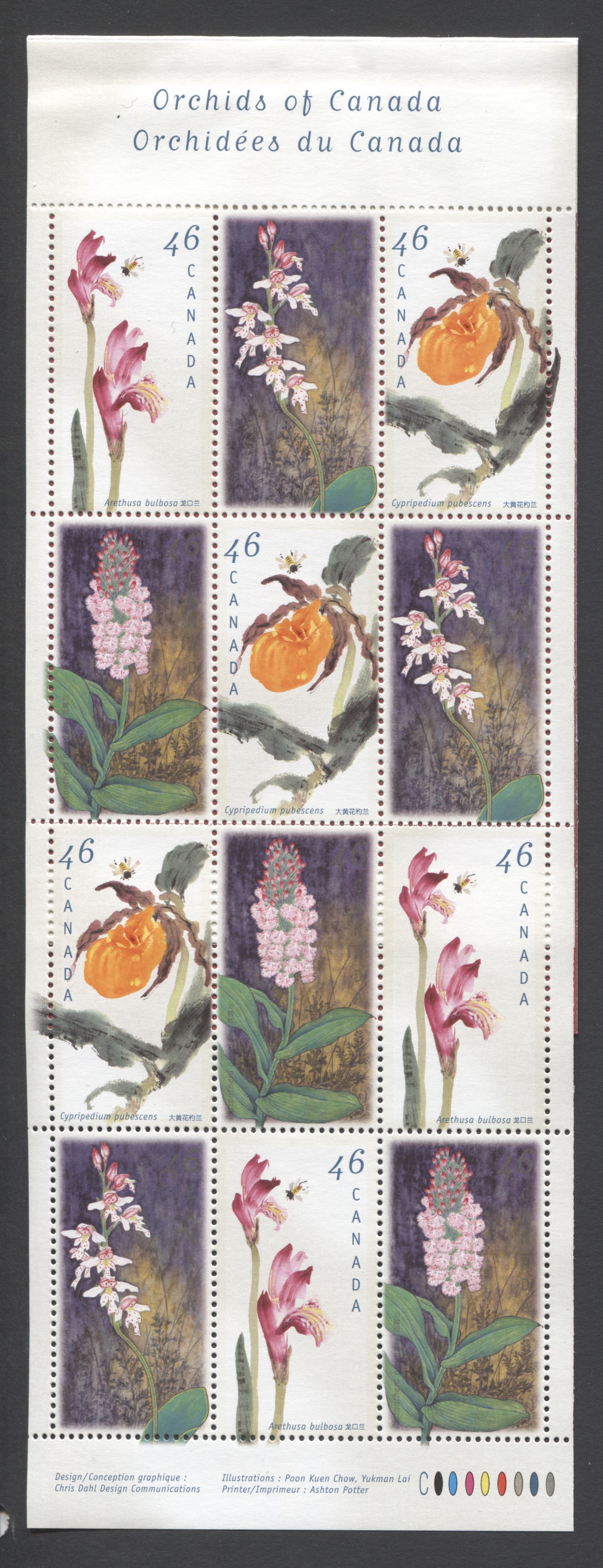 Canada #BK219a-b 1999 Orchids Issue, Complete $5.52 Booklet, Tullis Russell Coatings Paper, Dead Paper, 4 mm GT-4 Tagging