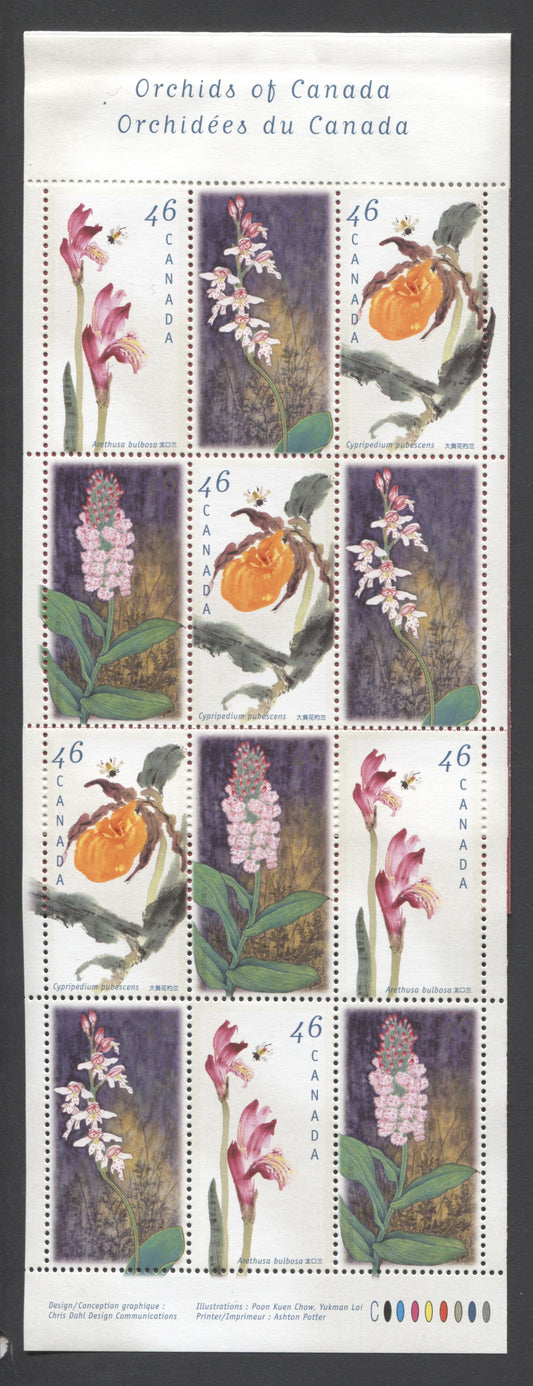 Canada #BK219a-b 1999 Orchids Issue, Complete $5.52 Booklet, Tullis Russell Coatings Paper, Dead Paper, 4 mm GT-4 Tagging