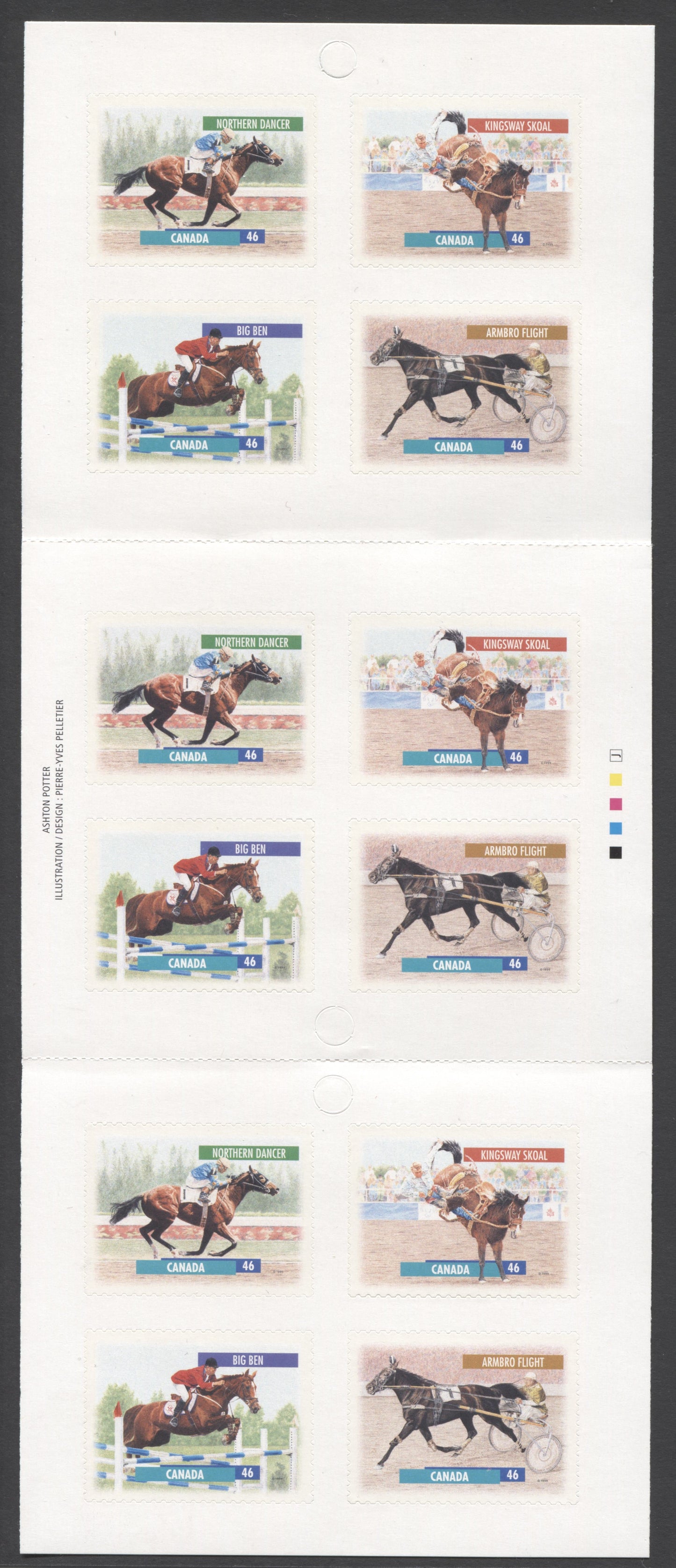Canada #BK220a-b 1999 Horses Issue, Complete $5.52 Booklet, JAC Paper, Dead Paper, 4 mm GT-4 Tagging