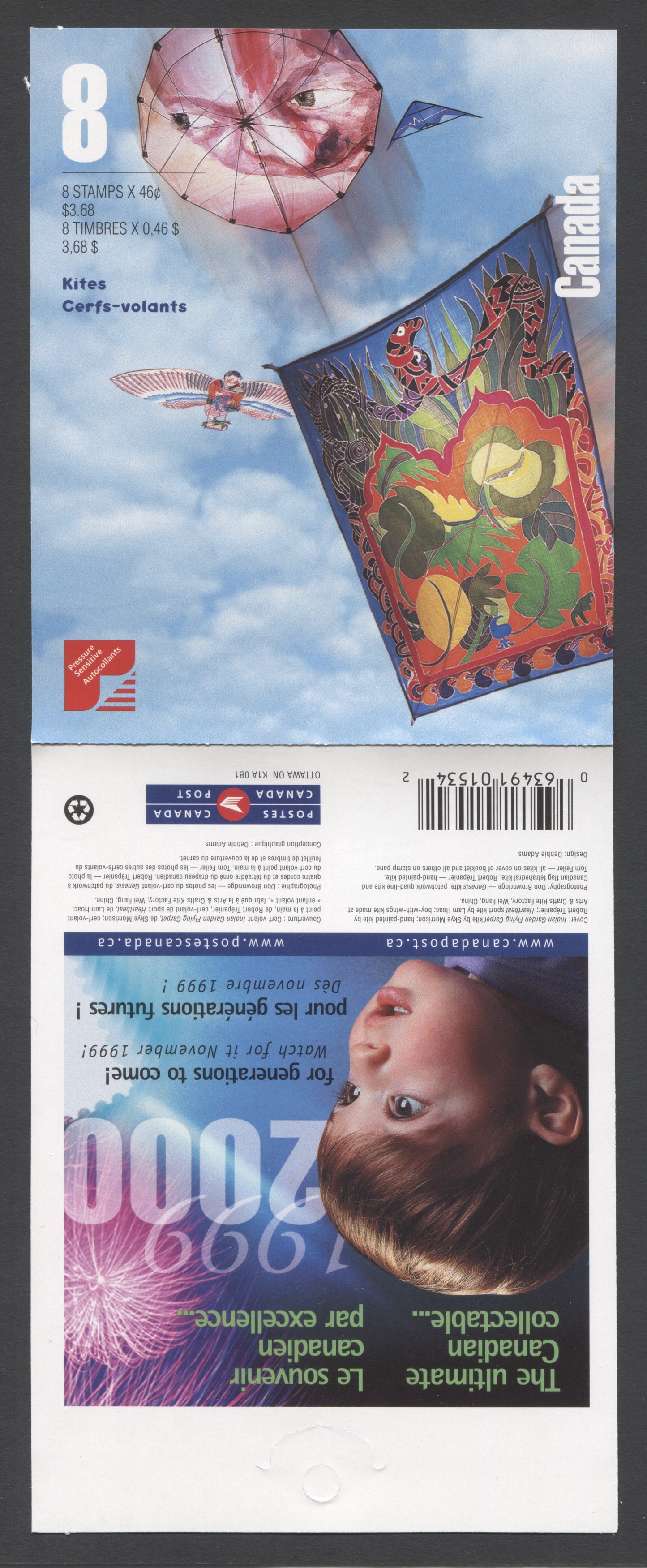Canada #BK221a-c 1999 Kites Issue, Complete $3.68 Booklet, JAC Paper, Dead Paper, 4 mm GT-4 Tagging