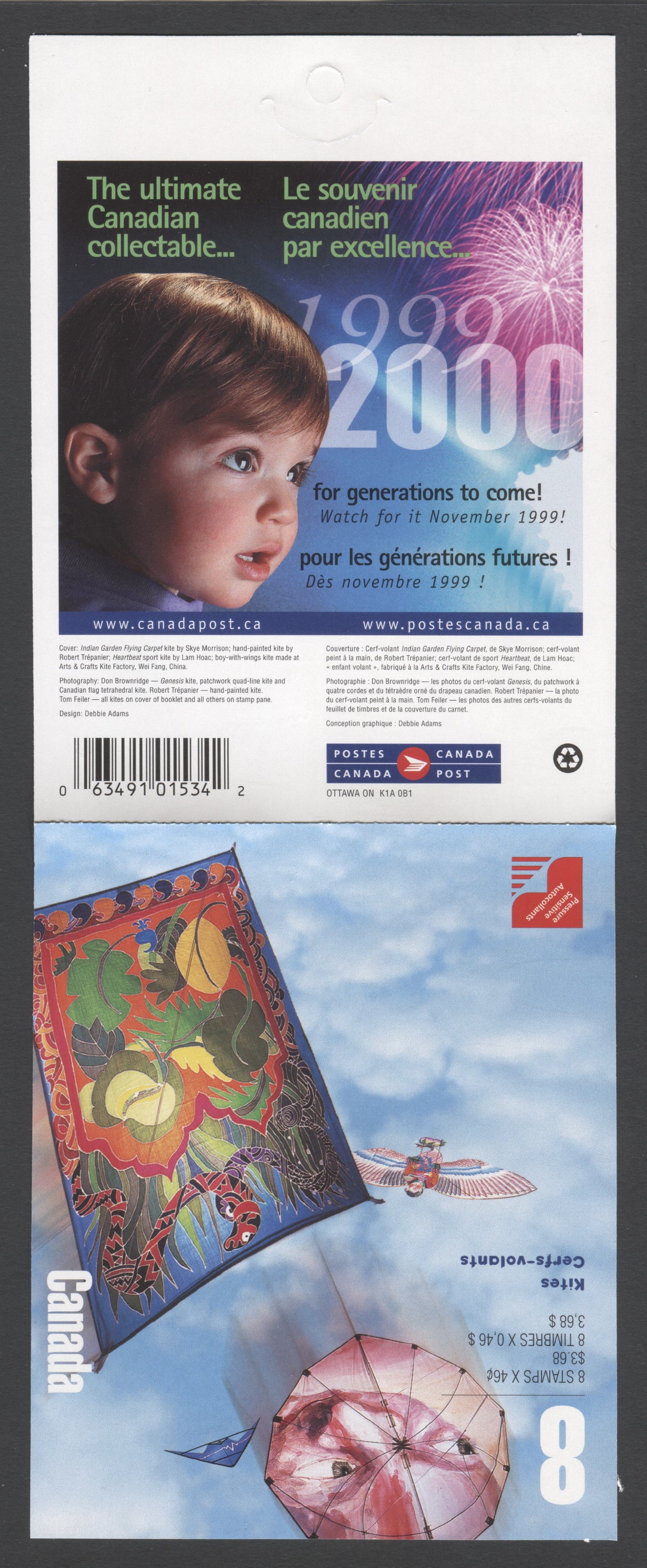 Canada #BK221a-c 1999 Kites Issue, Complete $3.68 Booklet, JAC Paper, Dead Paper, 4 mm GT-4 Tagging