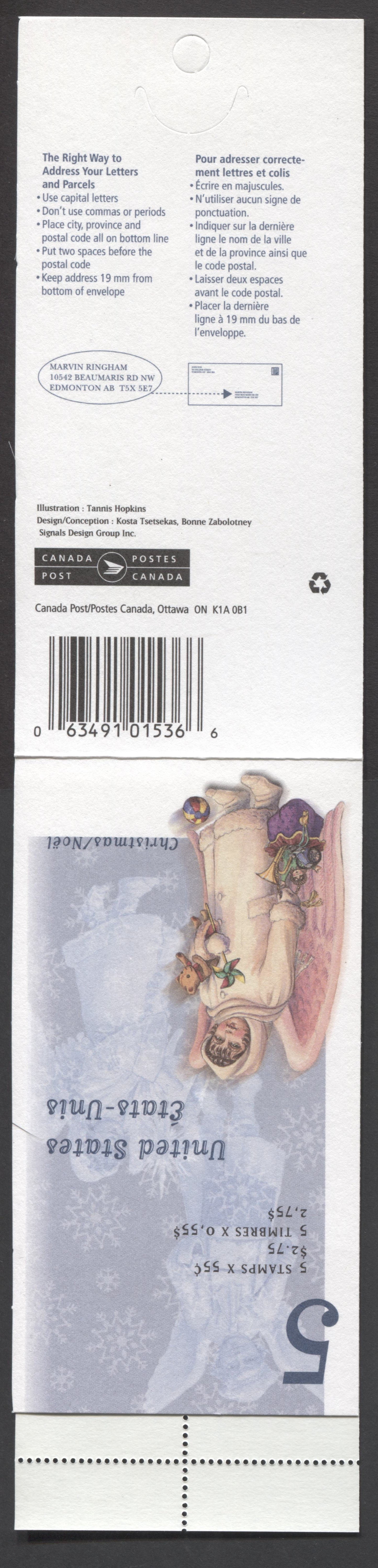 Canada #BK223a 1999 Christmas Issue, Complete $2.75 Booklet, Tullis Russell Coatings Paper, Dead Paper, 4 mm GT-4 Tagging