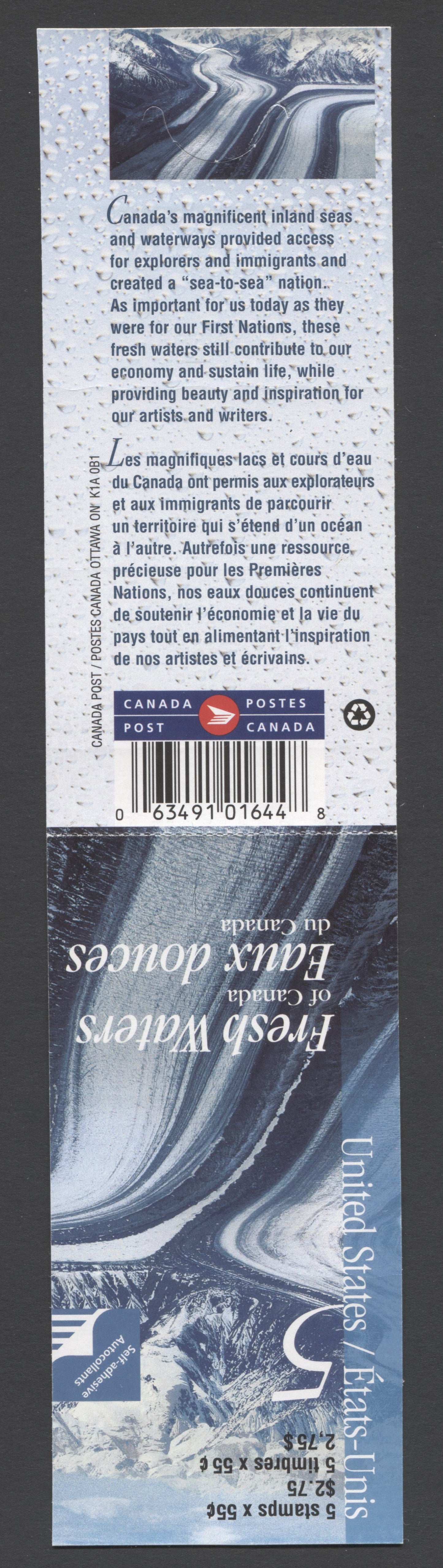 Canada #BK228a-b 2000 Fresh Waters of Canada Issue, Complete $2.75 Booklet, JAC Paper, Dead Paper, 4 mm GT-4 Tagging