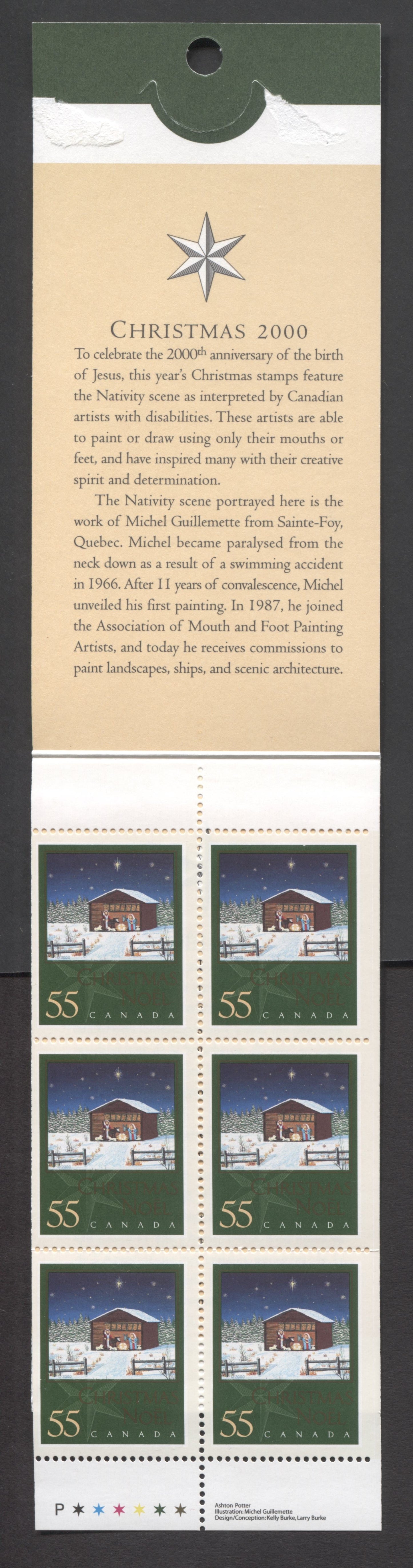 Canada #BK234a-b 2000 Christmas Issue, Complete $3.30 Booklet, Peterborough Paper, Dead Paper, 4 mm GT-4 Tagging