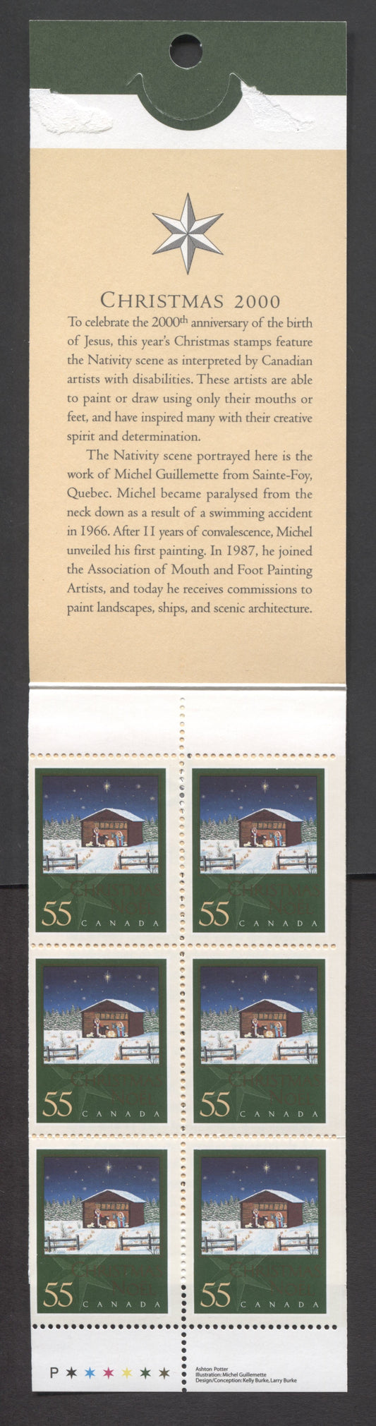 Canada #BK234a-b 2000 Christmas Issue, Complete $3.30 Booklet, Peterborough Paper, Dead Paper, 4 mm GT-4 Tagging