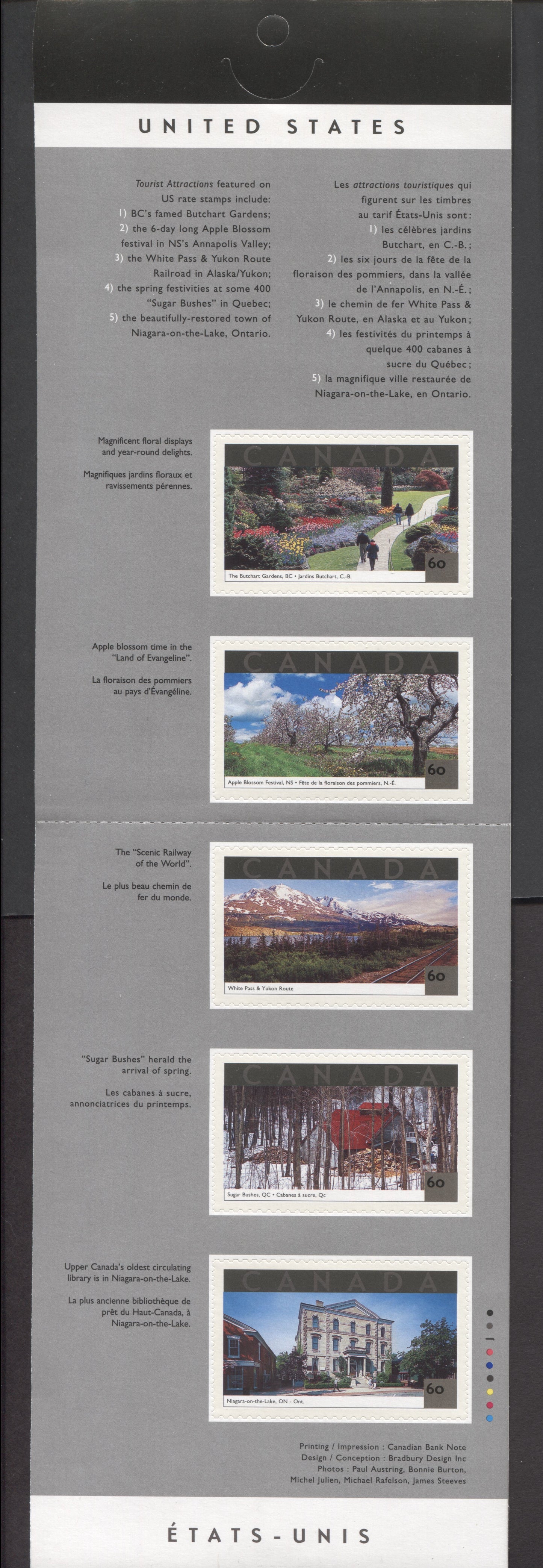 Canada #BK243a-b 2001 Tourist Attractions Issue, Complete $3 Booklet, JAC Paper, Dead Paper, 4 mm GT-4 Tagging