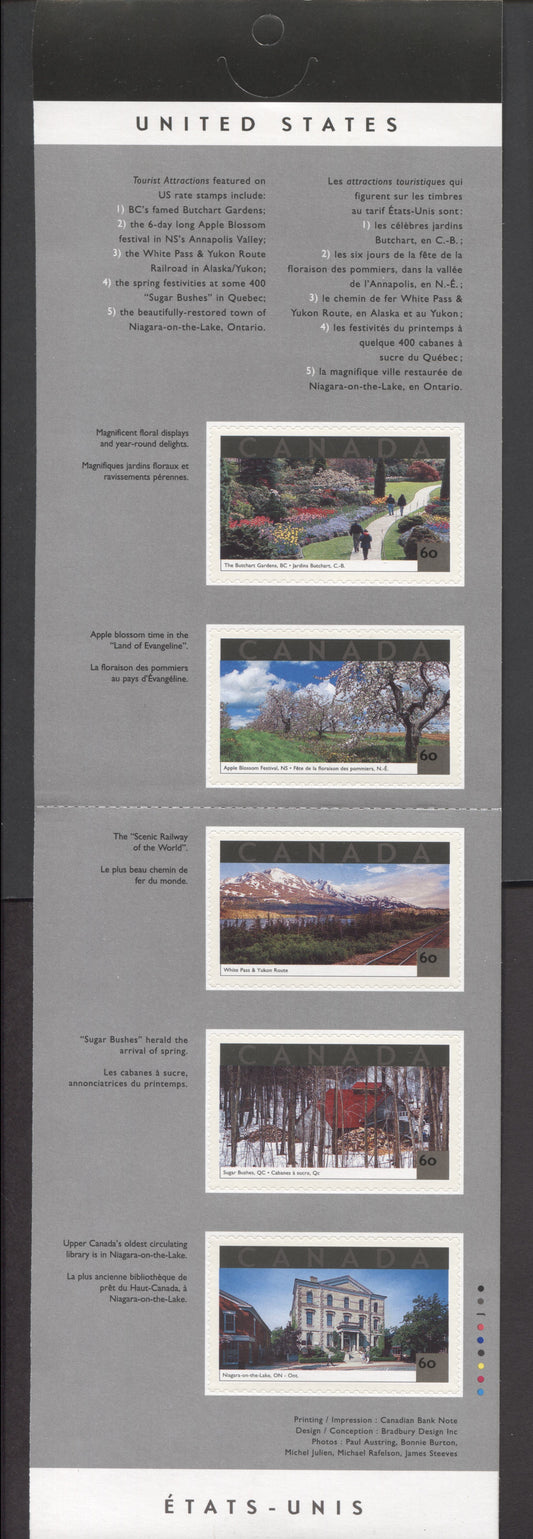 Canada #BK243a-b 2001 Tourist Attractions Issue, Complete $3 Booklet, JAC Paper, Dead Paper, 4 mm GT-4 Tagging