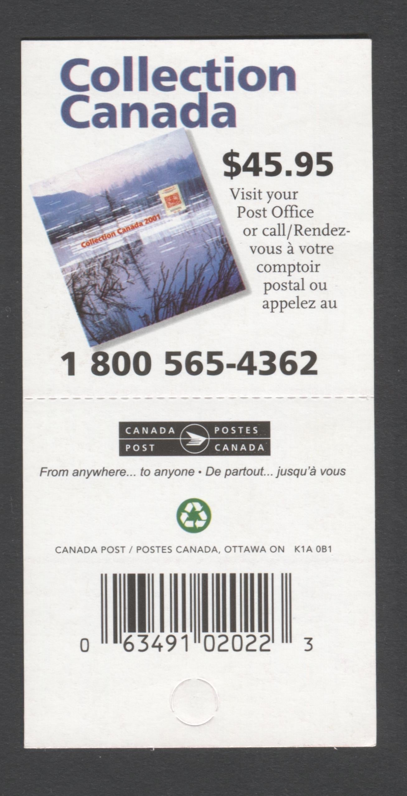 Canada #BK253a-b 2000-2003 Trades and Wildlife Definitive Issue, Complete $7.50 Booklet, JAC Paper, Dead Paper, 4 mm GT-4 Tagging
