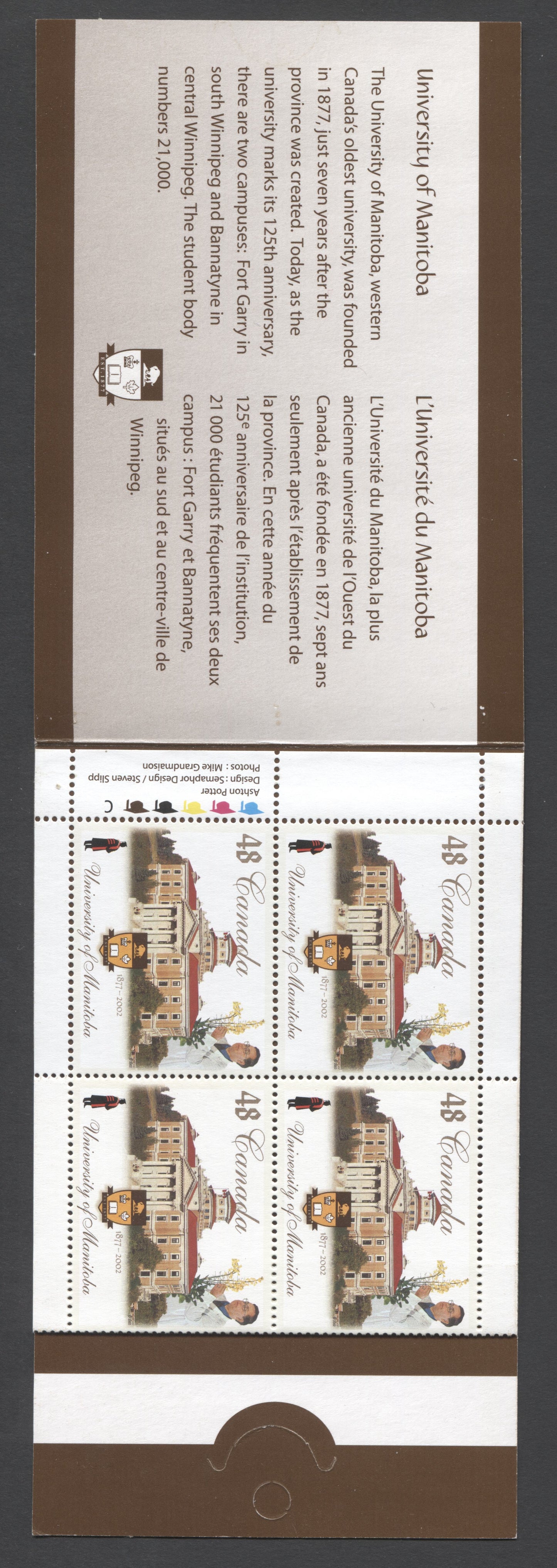 Canada #BK254a-b 2002 University of Manitoba Issue, Complete $3.84  Booklet, Tullis Russell Coatings Paper, Dead Paper, 4 mm GT-4 Tagging