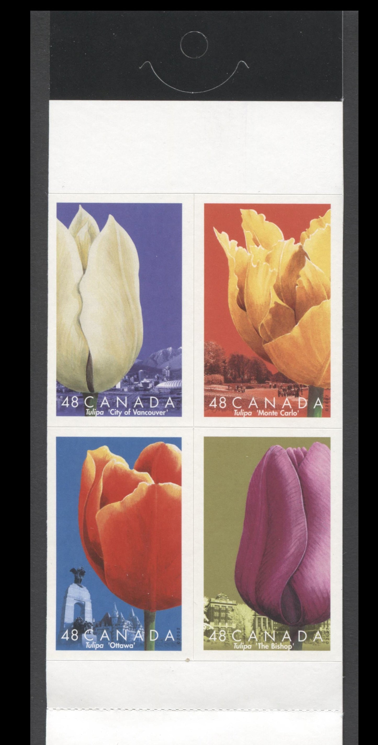 Canada #BK257a-b 2002 Tulips Issue, Complete $3.84 Booklet, Tullis Russell Coatings Paper, Dead Paper, 4 mm GT-4 Tagging