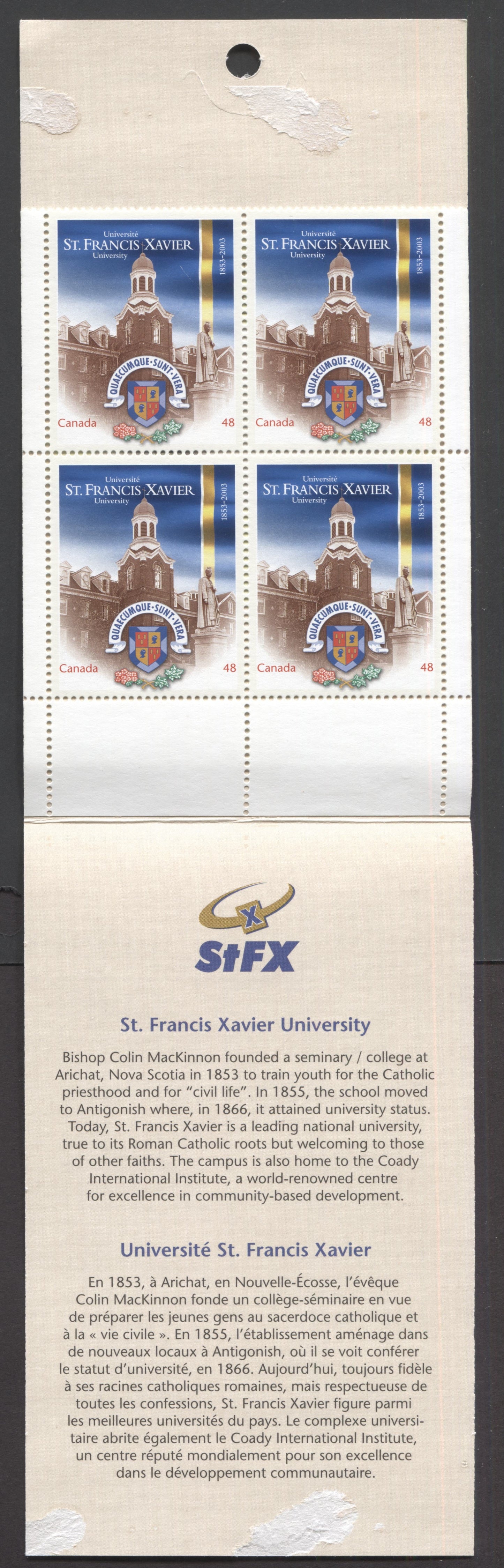 Canada #BK269a-b 2003 St. Francis Xavier University Issue, Complete $3.84 Booklet, Tullis Russell Coatings Paper, Dead Paper, 4 mm GT-4 Tagging