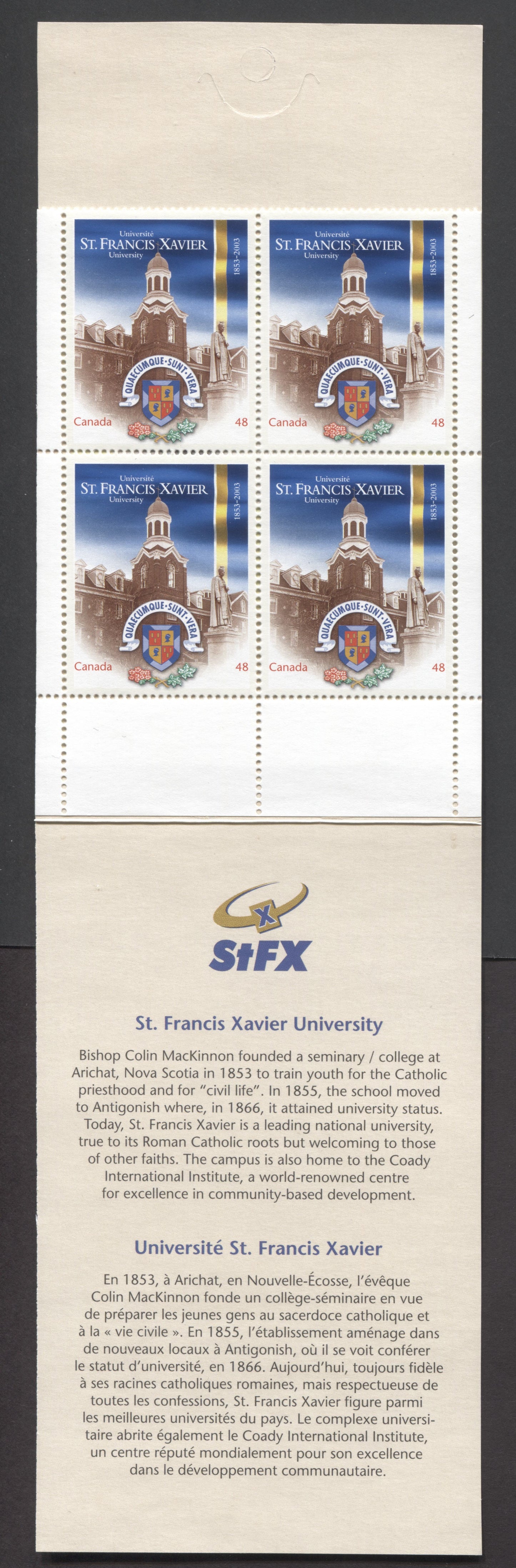 Canada #BK269a-b 2003 St. Francis Xavier University Issue, Complete $3.84 Booklet, Tullis Russell Coatings Paper, Dead Paper, 4 mm GT-4 Tagging