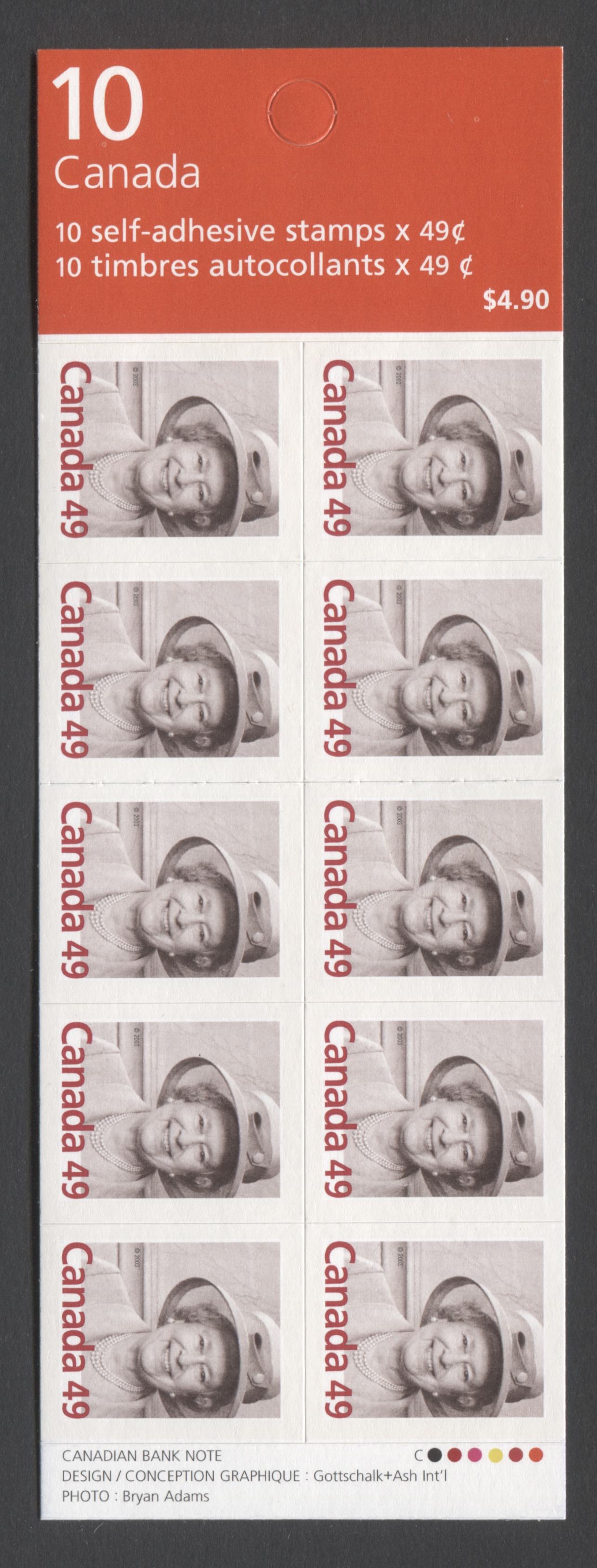Canada #BK281-Bbi (SG #SB292) 2003 Queen Elizabeth II Definitive Issue, Complete $4.9  Booklet, Front Cover