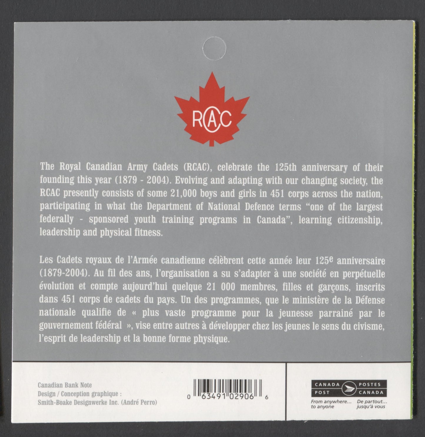 Canada #BK286 (SG #SB298) 2004 Army Cadets Issue, Complete $3.92  Booklet, Front Cover