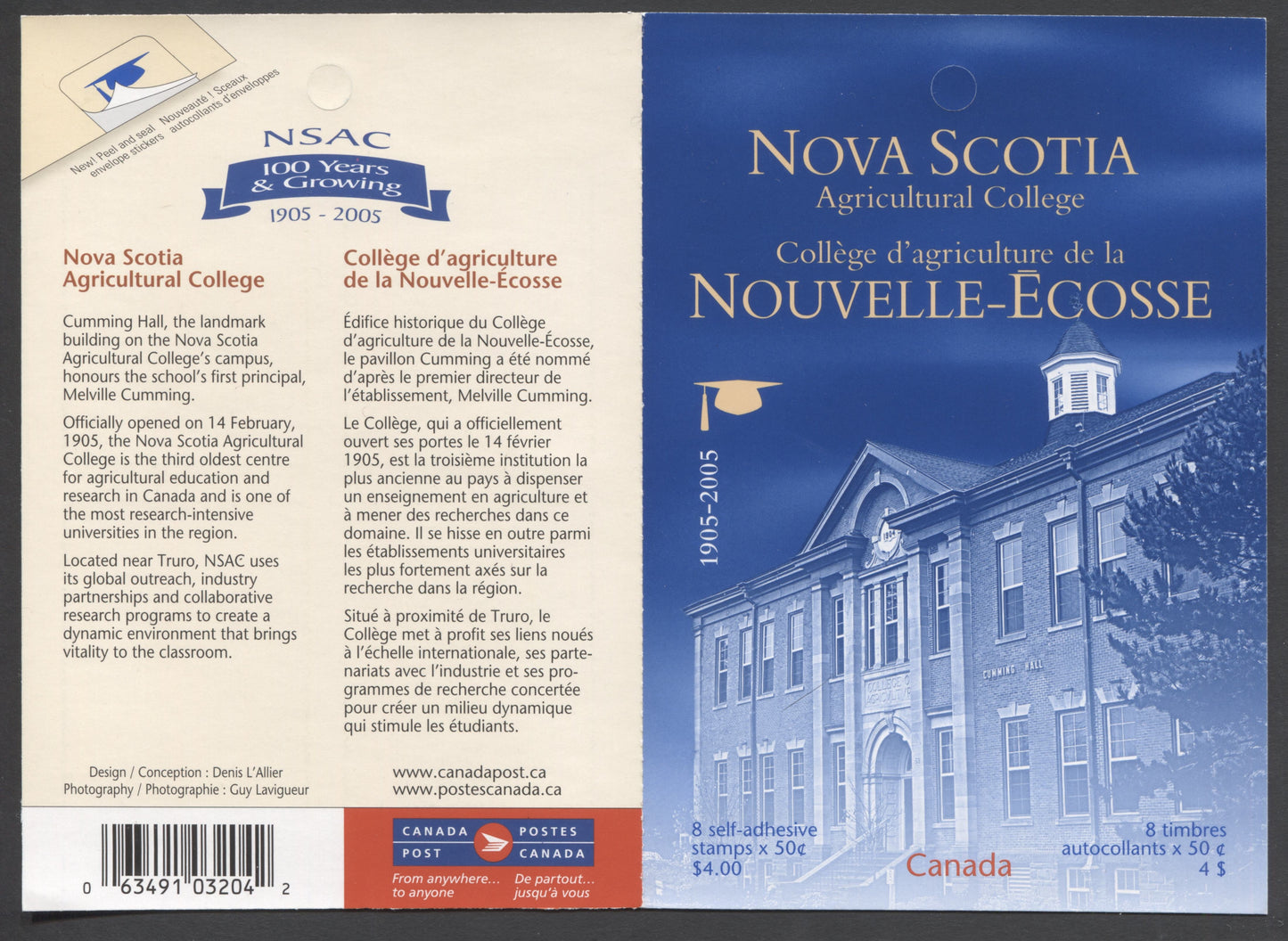 Canada #BK307 2005 Nova Scotia Agricultural College Issue, Complete $4 Booklet, Fasson Paper, Dead Paper, 4 mm GT-4 Tagging