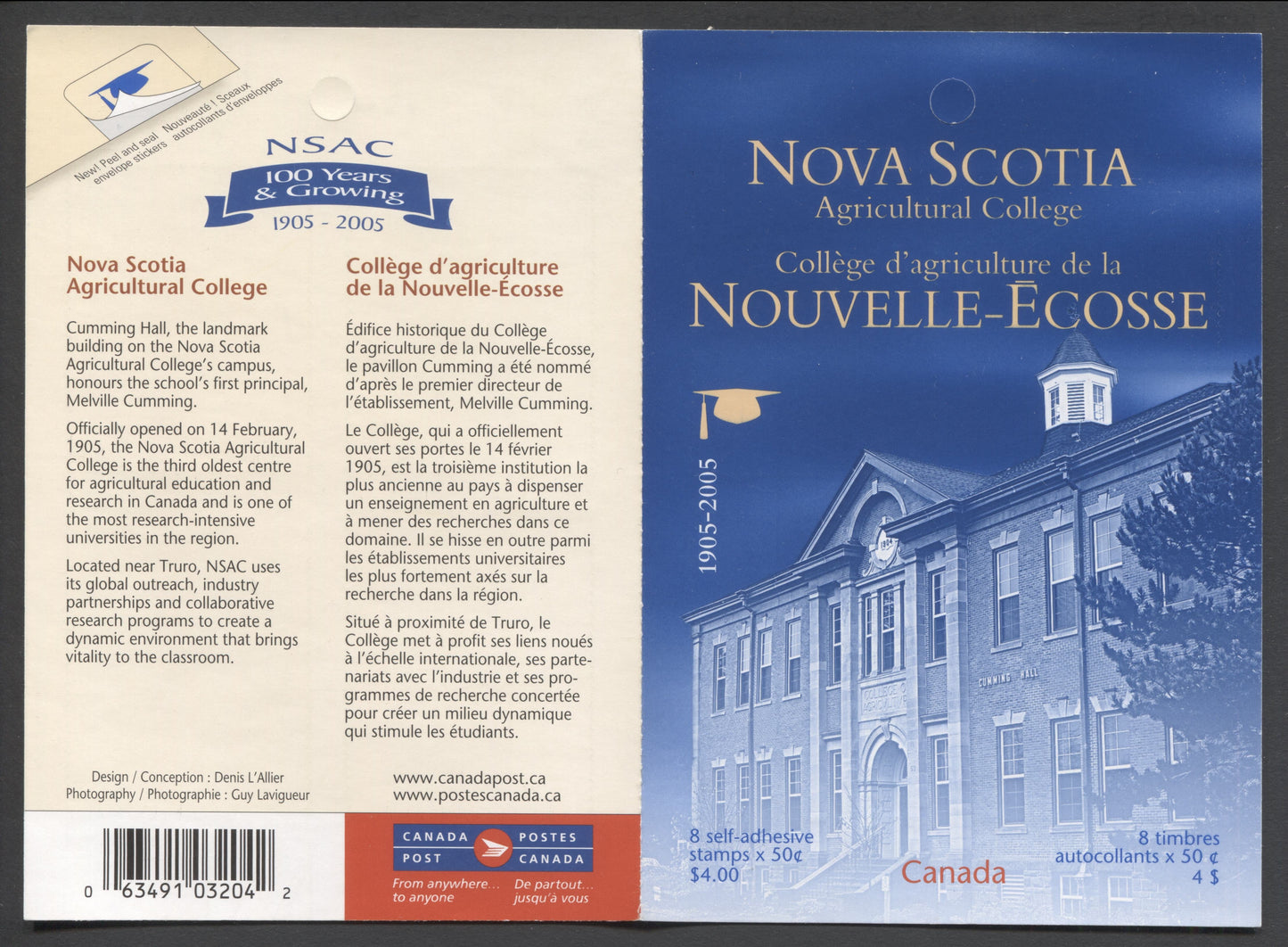 Canada #BK307 2005 Nova Scotia Agricultural College Issue, Complete $4 Booklet, Fasson Paper, Dead Paper, 4 mm GT-4 Tagging