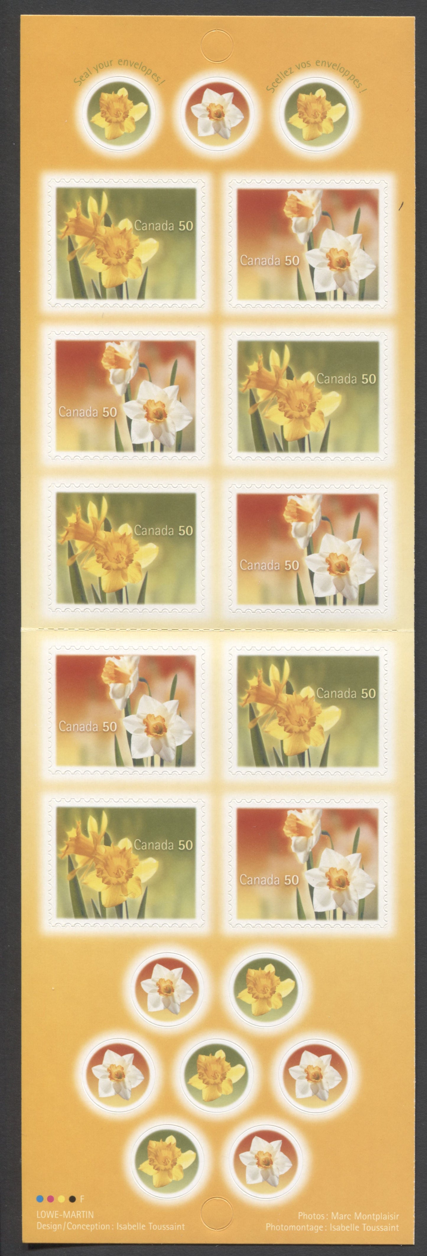Canada #BK308 2005 Daffodils Issue, Complete $5 Booklet, Fasson Paper, Dead Paper, 4 mm GT-4 Tagging