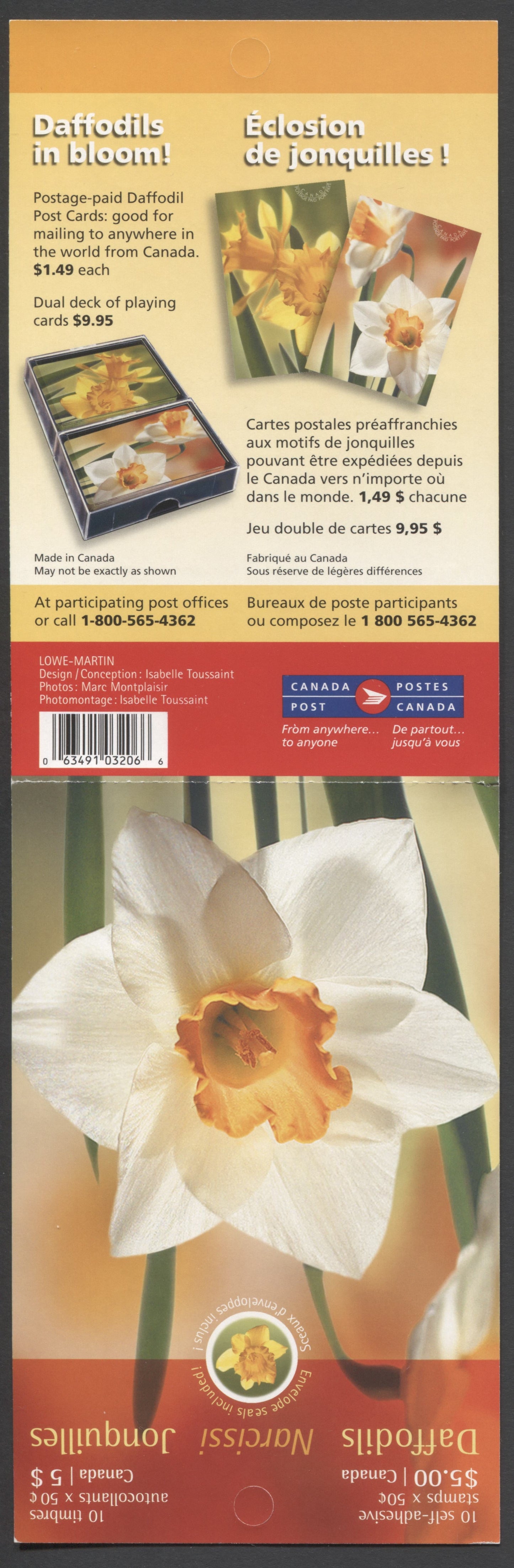 Canada #BK308 2005 Daffodils Issue, Complete $5 Booklet, Fasson Paper, Dead Paper, 4 mm GT-4 Tagging