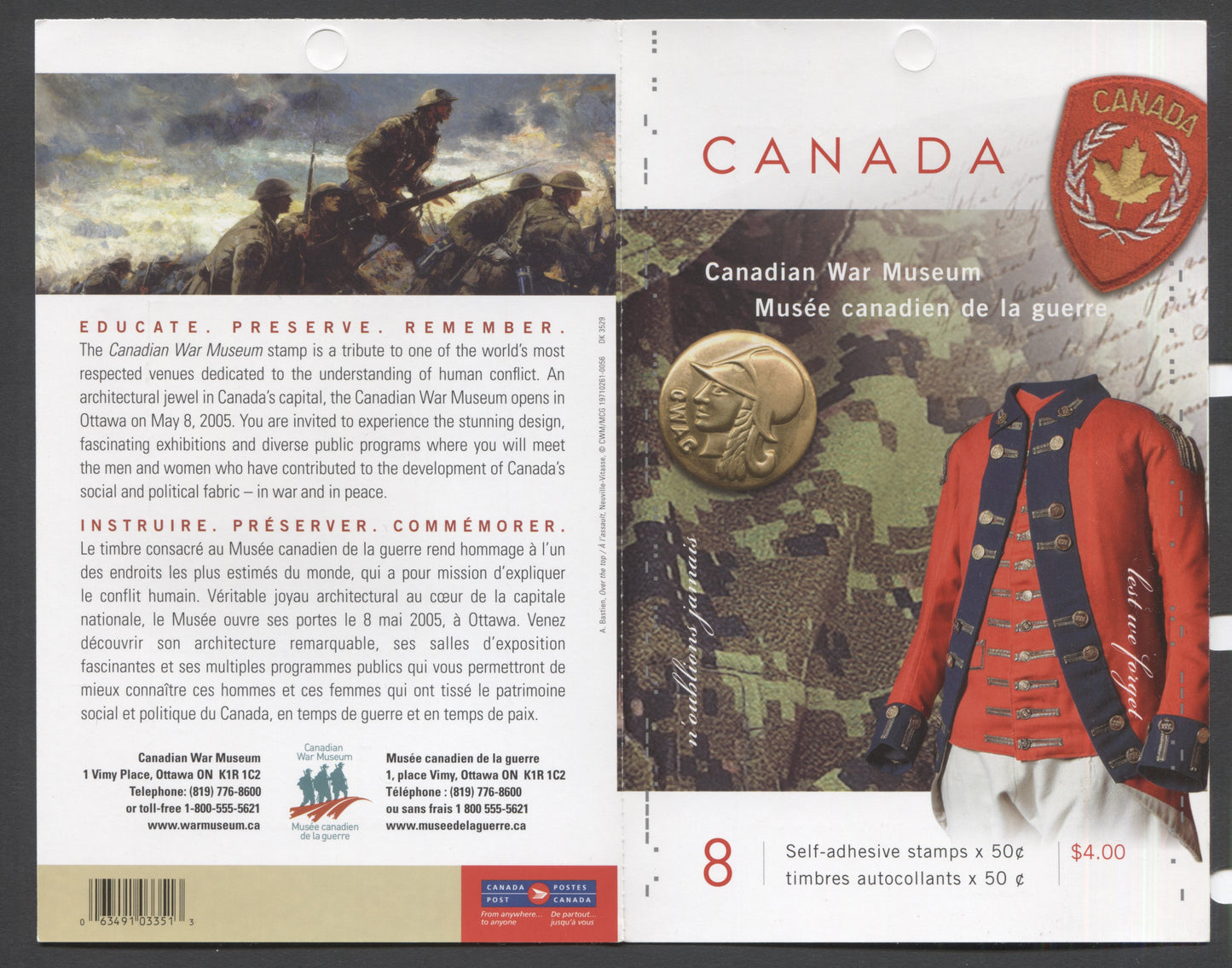 Canada #BK311 2005 Canadian War Museum Issue, Complete $4 Booklet, Tullis Russell Coatings Paper, Dead Paper, 4 mm GT-4 Tagging