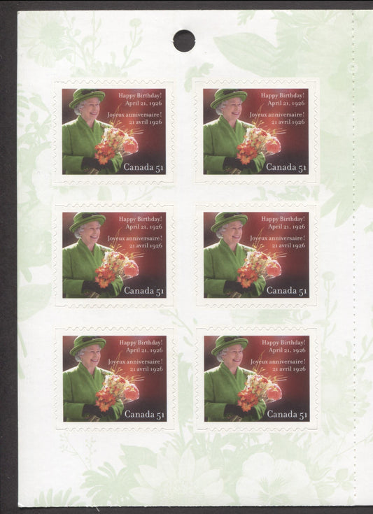 Canada #BK321 2006 80th Birthday of Queen Elizabeth II Issue, Complete $5.10 Booklet, Fasson Paper, Dead Paper, 4 mm GT-4 Tagging