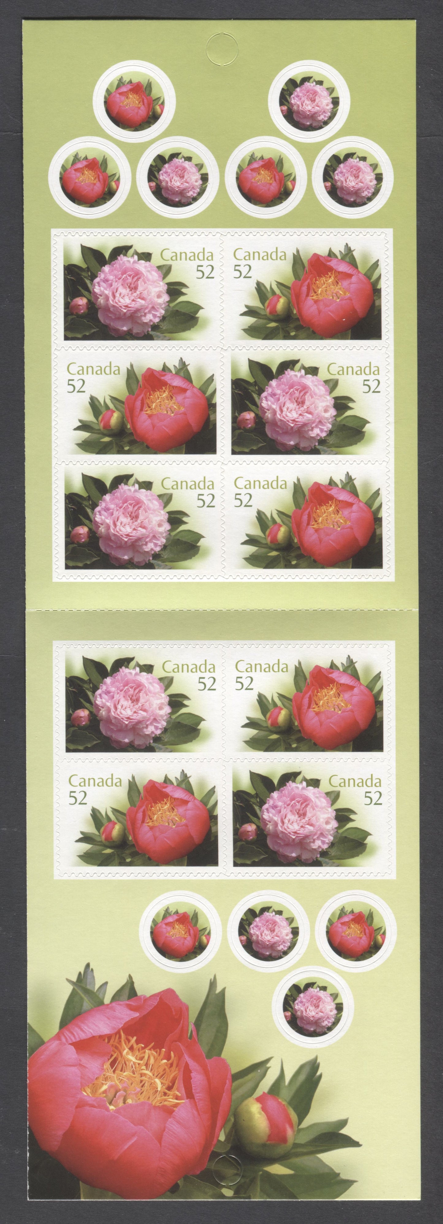 Canada #BK369 2008 Peonies Issue, Complete $5.20 Booklet, Tullis Russell Coatings Paper, Dead Paper, 4 mm GT-4 Tagging