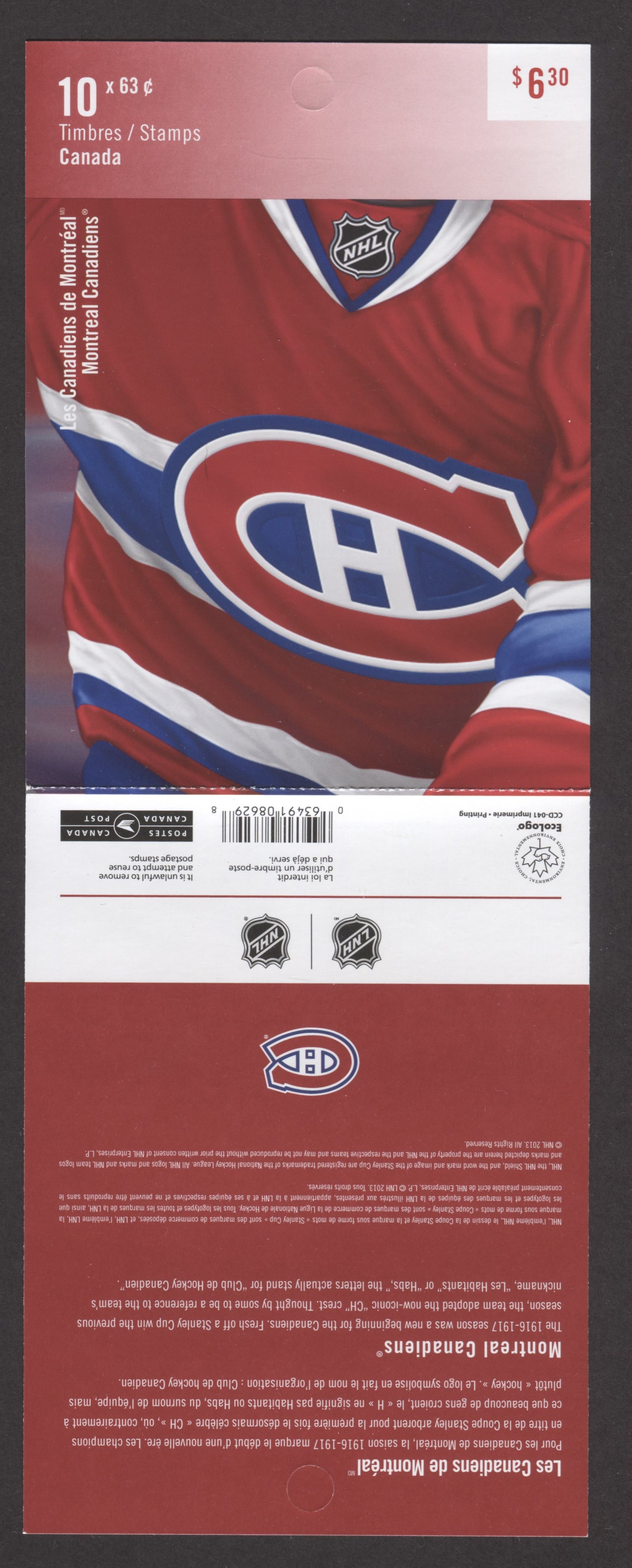Canada #BK549 (SG #SB509) 2013 NHL Issue - Montreal Canadiens, Complete $6.3  Booklet, Front Cover