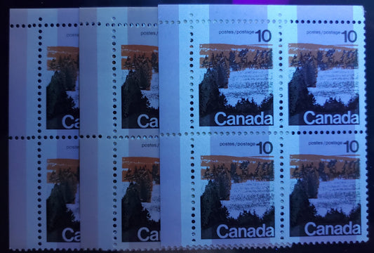 Lot 42 Canada #594iii&Var 10c Multicolored Forest, 1972 Landscape Definitives, 3 VFNH UL Field Stock Blocks Of 4 W2B Tagged, Vertical Ribbed DF/NF & LF/NF With Different Colors Under UV