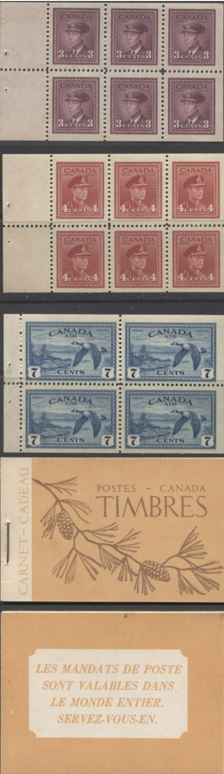 Lot 384 Canada #BK39a (McCann #39b) 1942-1949 War Issue Complete $1.00 French, Booklet Containing 1 Pane Each of 6 of 3c and 4c Plus 2 Panes of 4 7c Airmail Stamps, 14 mm Staple, CBN-XXXXXX Paper