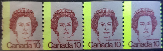 Canada #605T1 10c Dark Carmine Queen Elizabeth II, 1974-1976 Caricature Definitives - Coil Stamp Issue, A FNH Strip Of 4 On DF Paper With G2aL Tagging Error And The Smallest Trace Of Tagging Down Right Stamp $60