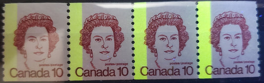 Canada #605T1 10c Dark Carmine Queen Elizabeth II, 1974-1976 Caricature Definitives - Coil Stamp Issue, A VFNH Strip Of 4 On DF Paper, All Stamps Having The G2alL Tagging Error On Right Stamp, No Trace Of Tagging On Right Side Of Right Stamp $120