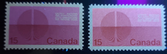 Canada #514 var 15c Dull Lilac And Dark Red Energy Unification, 1970 United Nations Issue, A VFNH Single Bright Fluorescent Pink Ink Under UV, On NF Grey/ LF-fl Greyish White Horizontal Ribbed Paper W/ Sparse LF & Wood Pulp Flecks