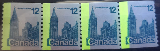 Canada #729T1 12c Blue Parliament, 1977-1978 First-Class Definitives - Coil Stamp Issue, A FNH Strip Of 4 On LF Paper With All Stamps Having G2aL Tagging Error $50