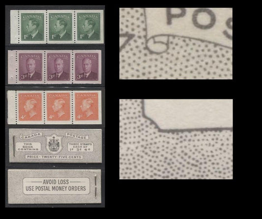 Lot 101 Canada #BK44 1949-1953 Postes-Postage Issue Complete 25c English Booklet Containing 1 Pane of 3 of Each of the 1c Green, 3c Rose Purple and 4c Orange King George VI, Harris Front Cover Type IVa, Back Cover Iiii, No Rate Page