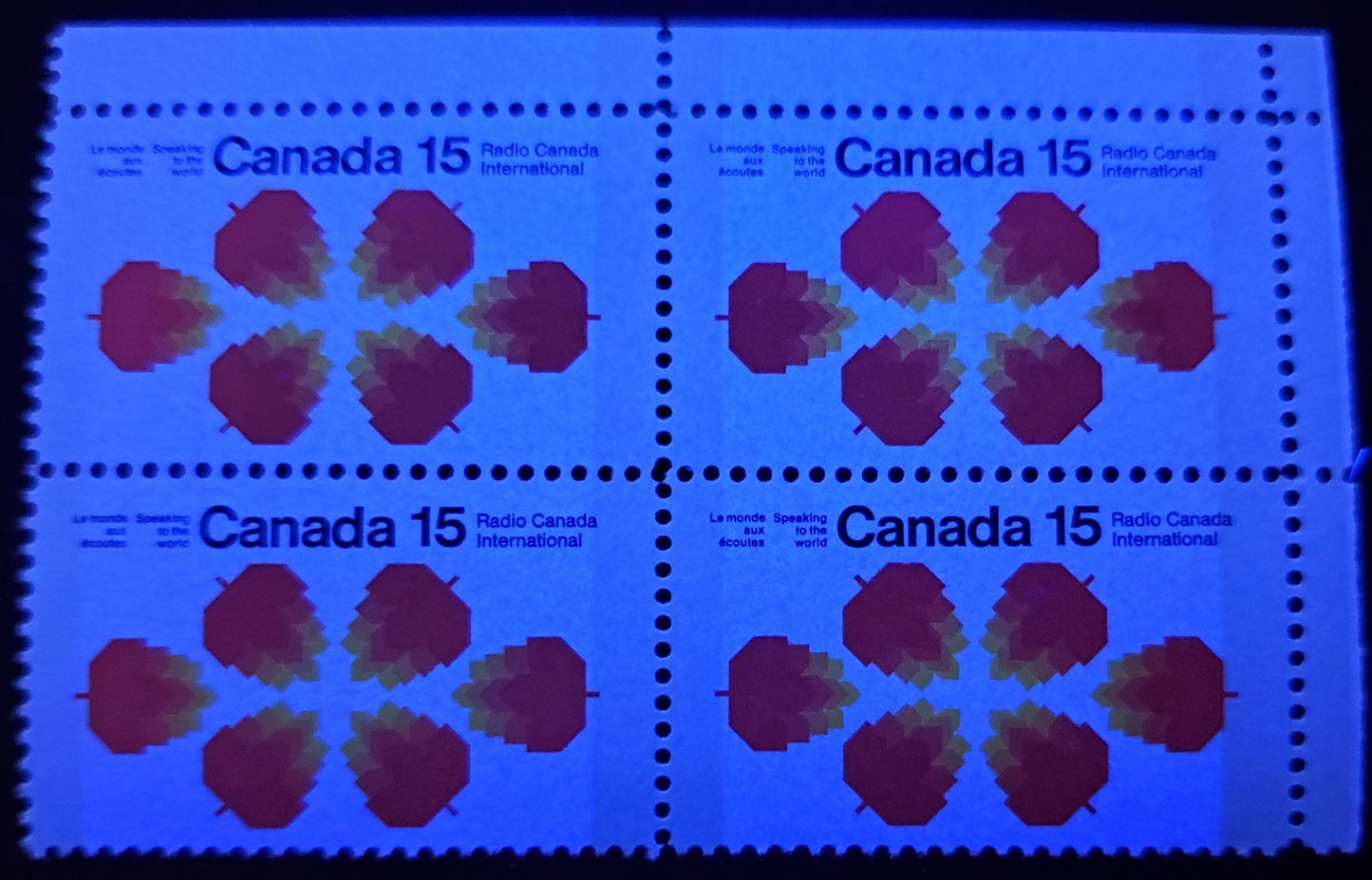 Canada #541p 15c Black, Red Orange & Yellow Maple Leaves, 1971 Radio Canada International Issue, A VFNH UL Block Of 4 W2B, Tagged