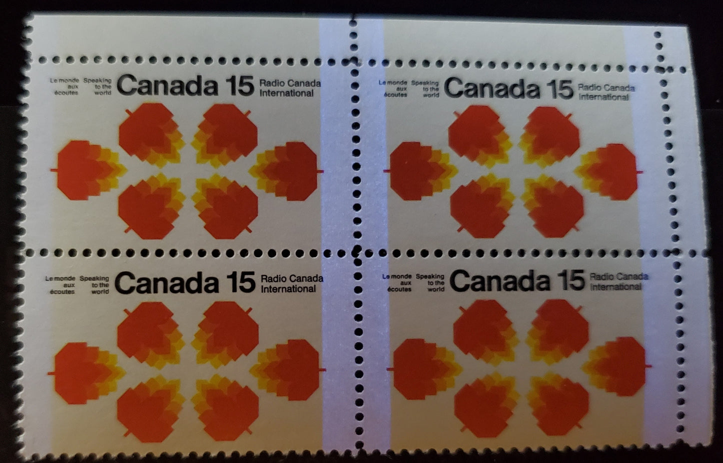 Canada #541p 15c Black, Red Orange & Yellow Maple Leaves, 1971 Radio Canada International Issue, A VFNH UL Block Of 4 W2B, Tagged