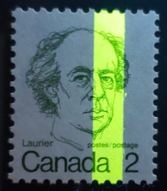 Canada #587i T3a 2c Green Sir Wilfred Laurier, 1973 - 1976 Caricature Issue, A VFNH Single On NF/NF Deep Bluish Grey Paper, G2aC Tagging Error