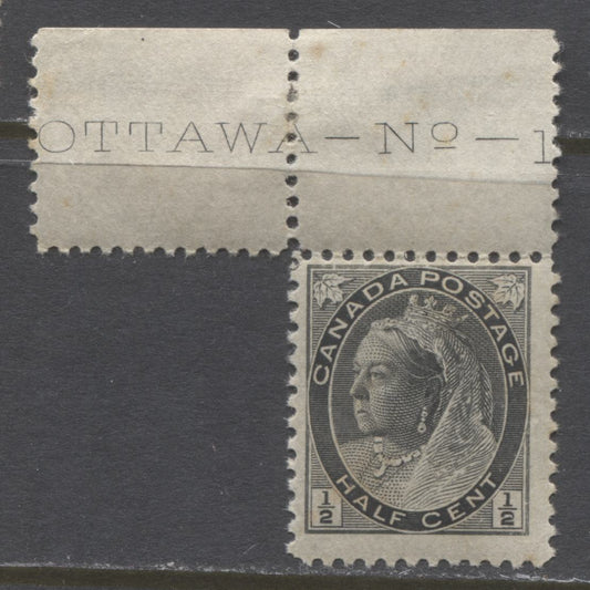 Lot 72 Canada #74 1/2c Black Queen Victoria, 1898-1902 Numeral Issue, A Fine NH Plate 1 Single On Horizontal Wove Paper