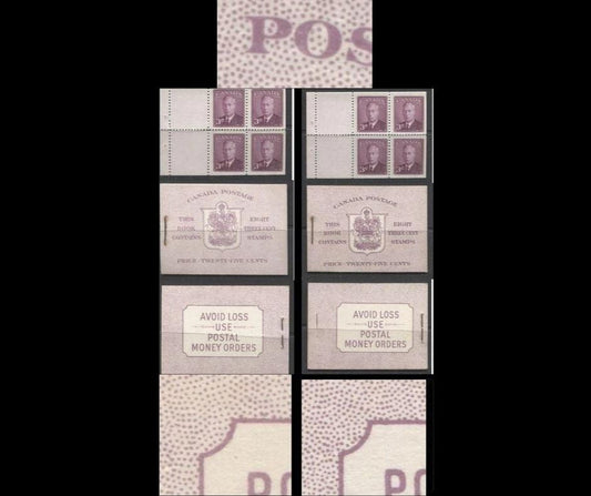 Canada #BK40b 1949-1953 Postes-Postage Issue Two Different Complete 25c English Booklets Containing 2 Panes of the 3c Rose-Purple King George VI, Harris Front Cover Type IIf, Back Covers Ei and Eii, No Rate Page