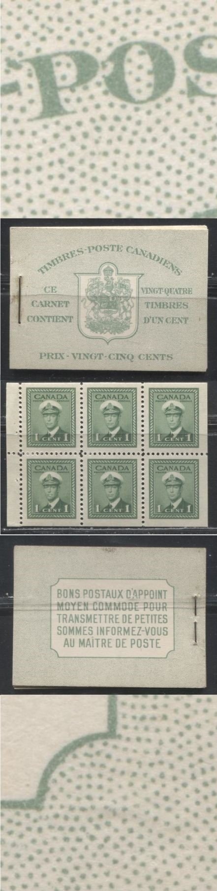 Lot 341 Canada #BK32d 1942-1949 War Issue,Type II, Complete 25¢ French Booklet, 4 Panes of 1c Green,  Smooth Vertical Wove Paper, Harris Front Cover Type IIk, Back Cover Type Diii, 7c & 6c Airmail Rates Page